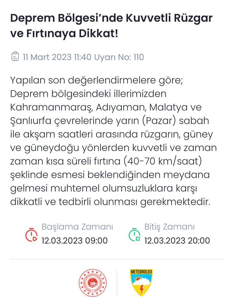 meteoroloji_twi's tweet photo. 🔊Meteorolojik Uyarı 
Deprem Bölgesinde Kuvvetli Rüzgar ve Fırtınaya Dikkat!
@AFADBaskanlik @TCkahramanmaras @adiyamangovtr @TCMalatyaV @UrfaValiligi https://t.co/ESOHvW1uRK