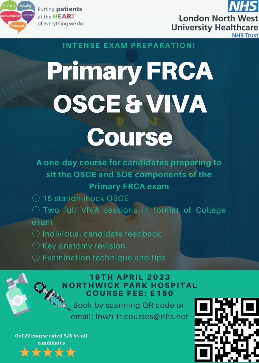 Book a place on the next Northwick Park Primary FRCA OSCE &amp; Viva Course taking place on Weds 19th April at Northwick Park Hospital:
forms.gle/dpiKavCA2n1dmF…

#PrimaryFRCA #FRCA #Anaesthesia #Anaesthetics #SOE #OSCE #MedicalCourse #MedTwitter 
<a href="/LNWH_NHS/">London North West University Healthcare</a>