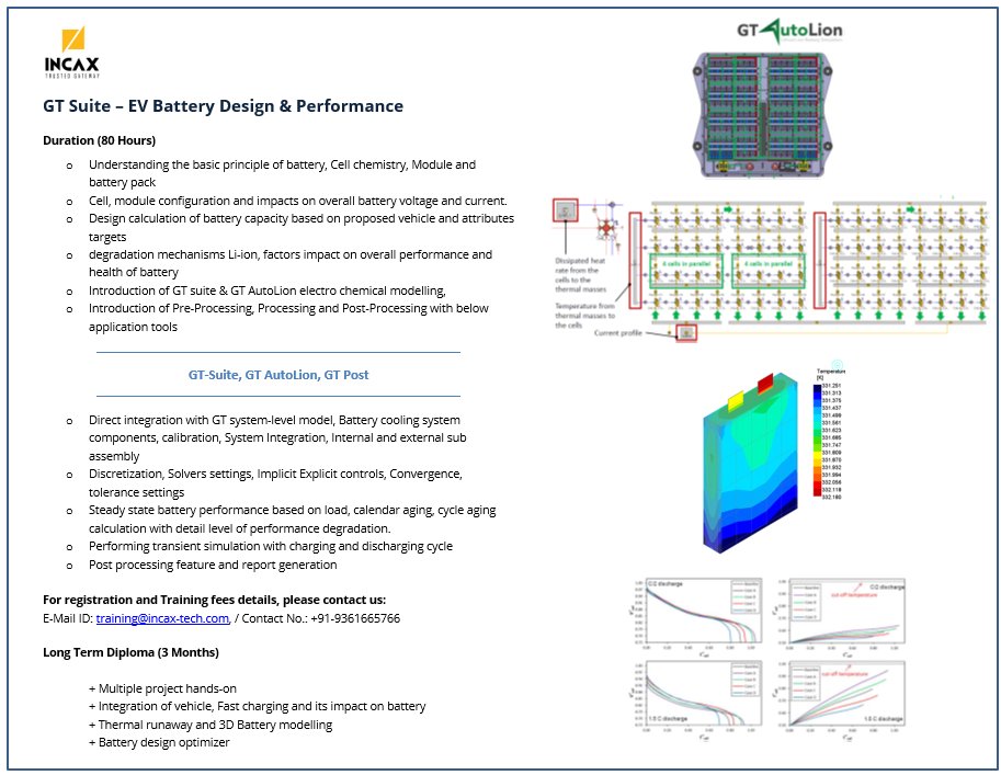 InCAx_Tech's tweet image. GT-Suite- Battery Performance simulation module

Who can attend: 

Individuals/Professionals from OEMs, Consulting Companies, Start-ups
Engineering Students/ Professors/ Scholars
 
InCAx-Education Division,
Chennai

#InCAxTech #GTSuite #1DSimulation