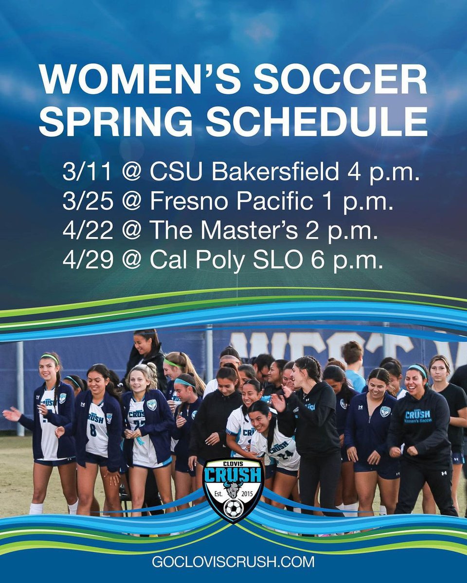 Spring schedule for @cloviscrushwsoc, first game today at 4:00 pm vs CSU Bakersfield 

#VamosCrush ⚽️