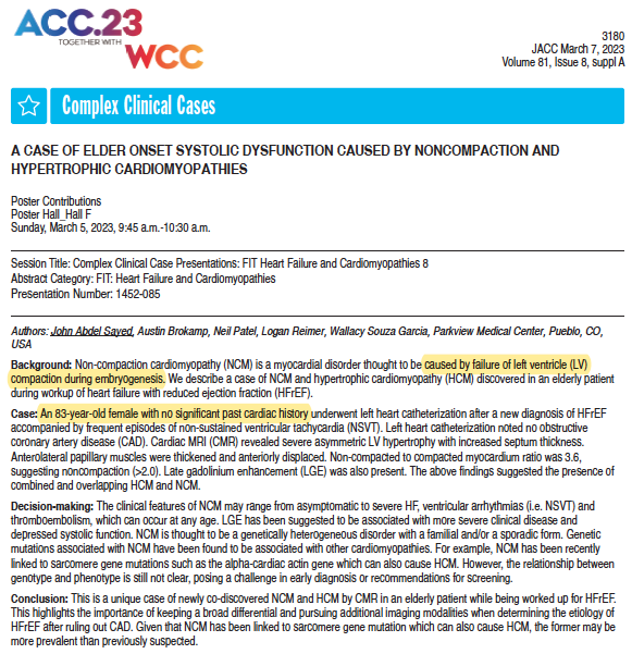 BjarkeJensen4's tweet photo. Just published poster abstract
https://t.co/TC5lImCzDy
May I suggest; if the pathology is congenital (failure of LV #compaction) then the patient characteristics of "83-year-old female with no significant past cardiac history" is highly unlikely ...
#heart #trabeculation https://t.co/0bE8jCP139