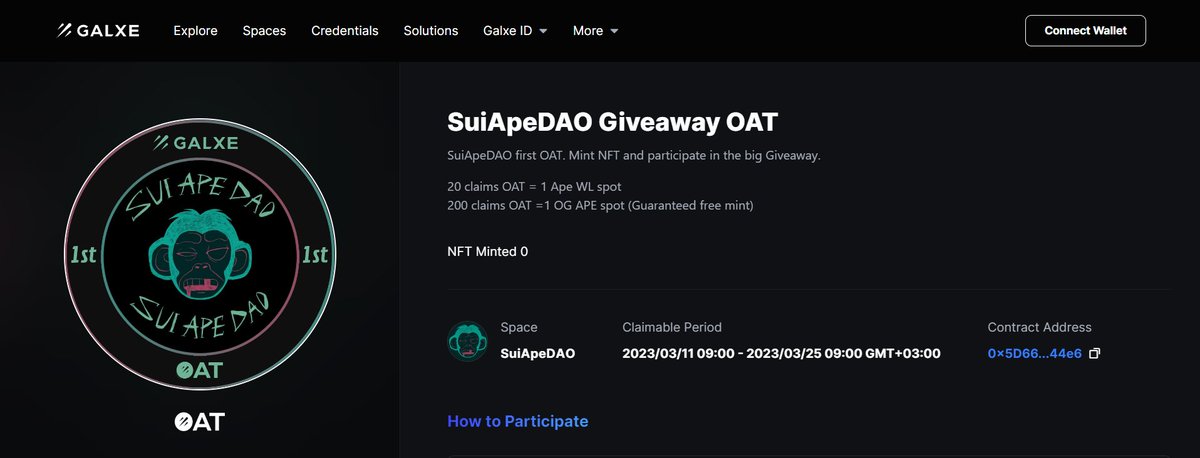 🐵Hey Ape Fam!

🎁First SuiApeDAO Giveaway OAT!

👉Claim free OAT: galxe.com/suiapedao/camp…

20 claims OAT = 1 Ape WL spot
200 claims OAT =1 OG APE spot (Guaranteed free mint)

Good luck everyone!

#Sui #OAT #Galxe #NFT