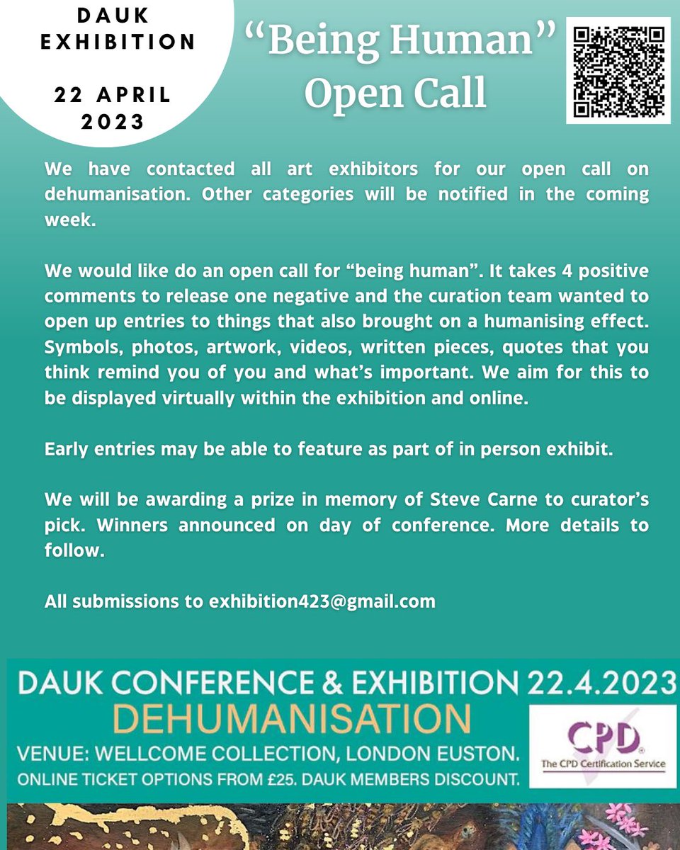 “Being Human” Open Call! #DAUK2023 After an amazing round of entries for our “Dehumanisation” exhibition call, we are now accepting entries on the theme of “Being Human” for our April 22, 2023 exhibition running alongside our conference in Welcome Collection, London. Details👇