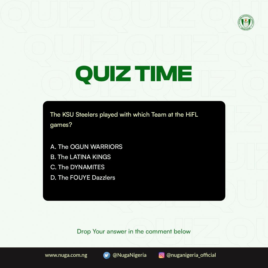 NUGANigeria's tweet photo. IT'S QUIZ TIME🤔☺️
Question from the 2022 HifL Games⚽⚽⚽
Fastest Fingers 🤌💨⌛️
#nugaquiz
#nuganigeria
#Hifl
#nuga https://t.co/UQcVdZK2oG
