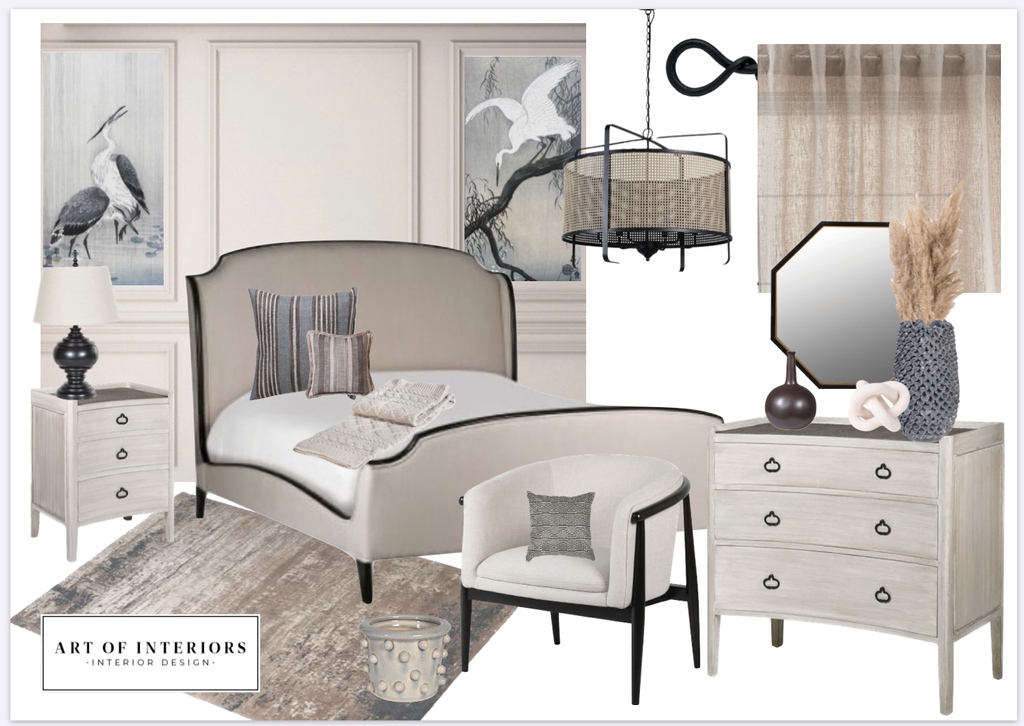 We have gone for a neutral pallet with accents of black in the furniture and accessories and a hint of a blue in these painting. The back wall will have panelling and painted and they will frame the two pictures either side of the bed. #masterbedroomdecor #panelling #moodboard