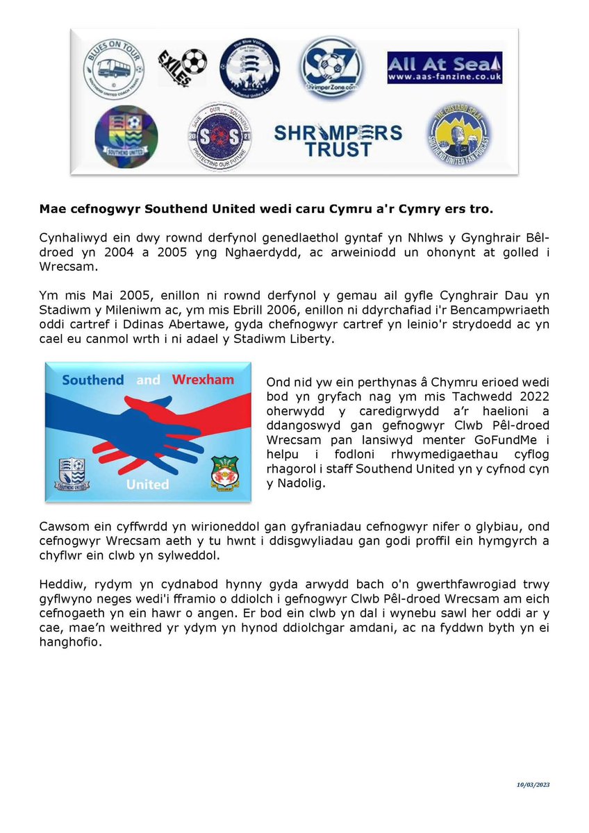 Thank you Wrexham … Shrimpers Trust board members <a href="/benhumphrey_04/">Ben Humphrey</a> and <a href="/GaryWil86649153/">Gary Williams</a> will be making a presentation on the pitch on behalf of the supporters groups with a framed message of thanks. 💙🤝❤️