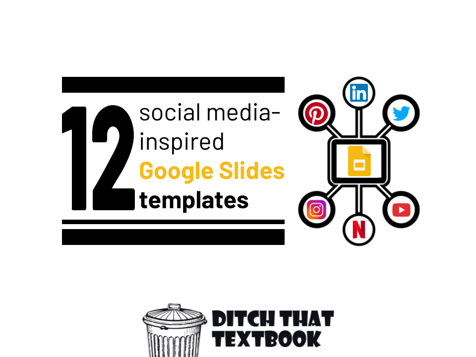 jmattmiller's tweet image. 12 FREE social media-inspired Google Slides templates!
📢Yelp
🎧Spotify
▶️YouTube
📺Netflix
👤LinkedIn
🐤Twitter
🤳Snapchat
🎬TikTok
📸Instagram
👍Facebook
📌Pinterest
Get 'em here: ditchthattextbook.com/social-media-t… #DitchBook #TechLAP