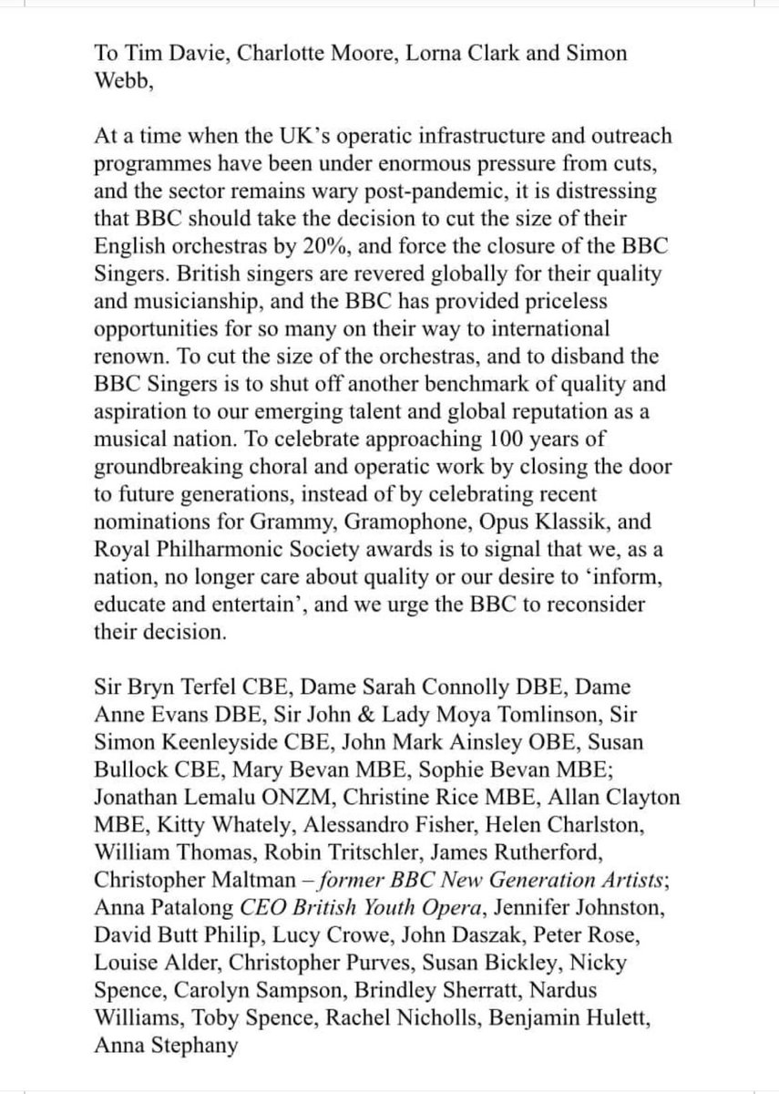 EmmaCleobury's tweet photo. Another powerful letter in support of excellence to the BBC, this time from eminent singers. #savethebbcsingers https://t.co/wlmY02OGGU