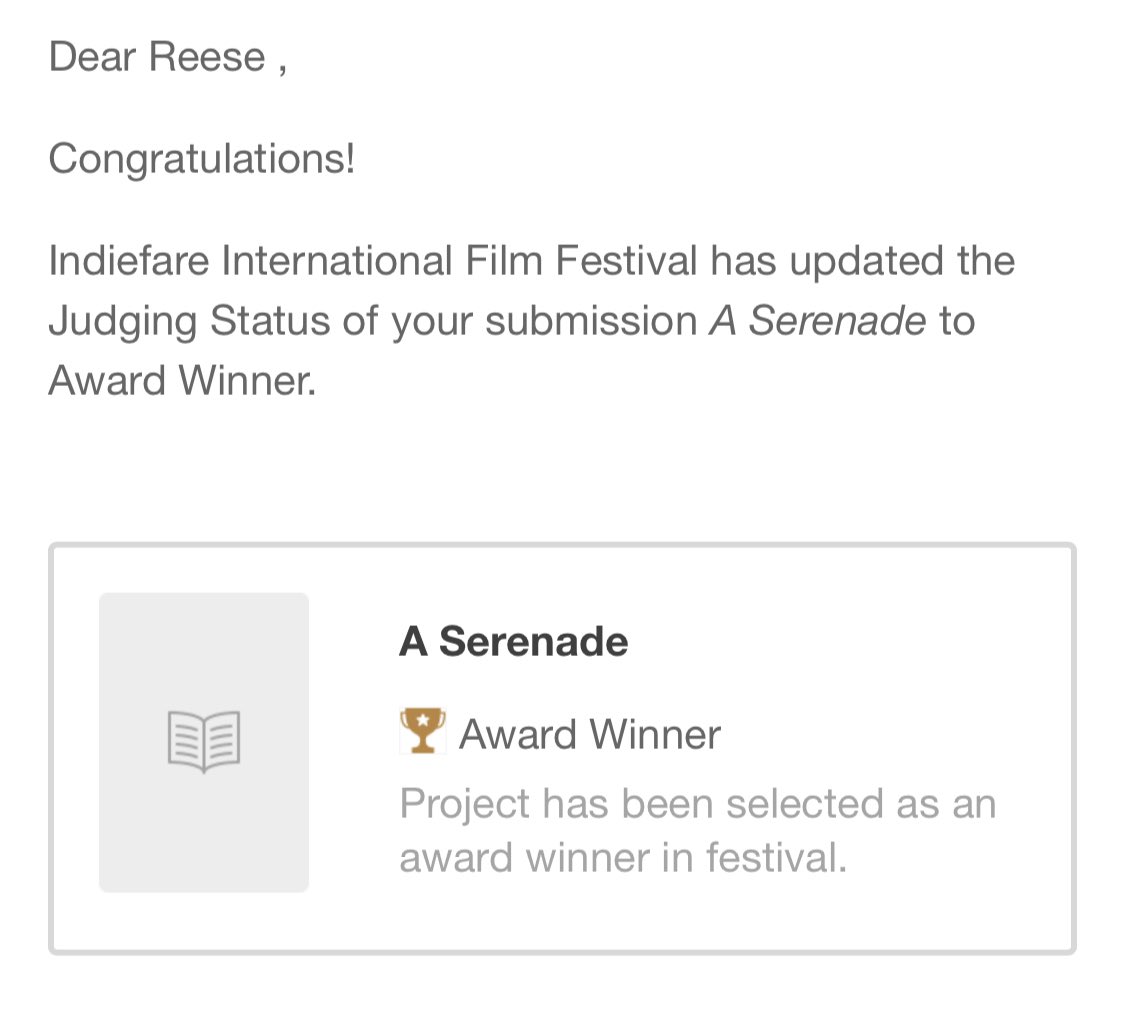 rm_screenwriter's tweet image. A SERENADE was just escalated to WINNER in the "best unproduced script" category in the Indiefare International Film Festival 🎞️ 🎉
That's this script's 2nd award!
#film #featurefilm #featurescript #awardwinner #filmmaking #filmmaker #screenwriting #writerscommunity @indiefare