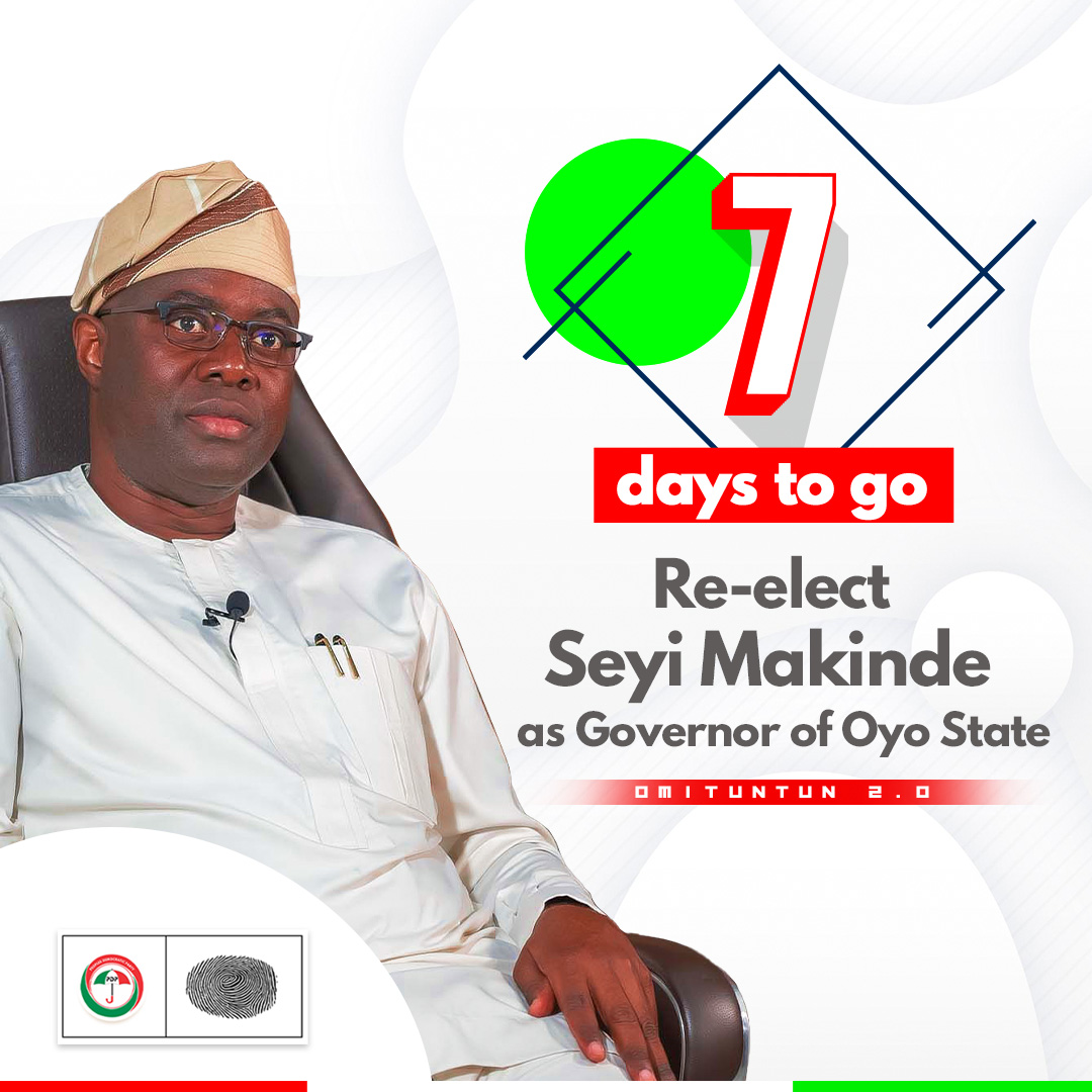 GSMfor2027's tweet photo. The countdown continues. It’s one week to Omituntun 2.0! The candidate is Governor Seyi Makinde. The party is PDP. The logo is an umbrella. https://t.co/JsLwu53c2R