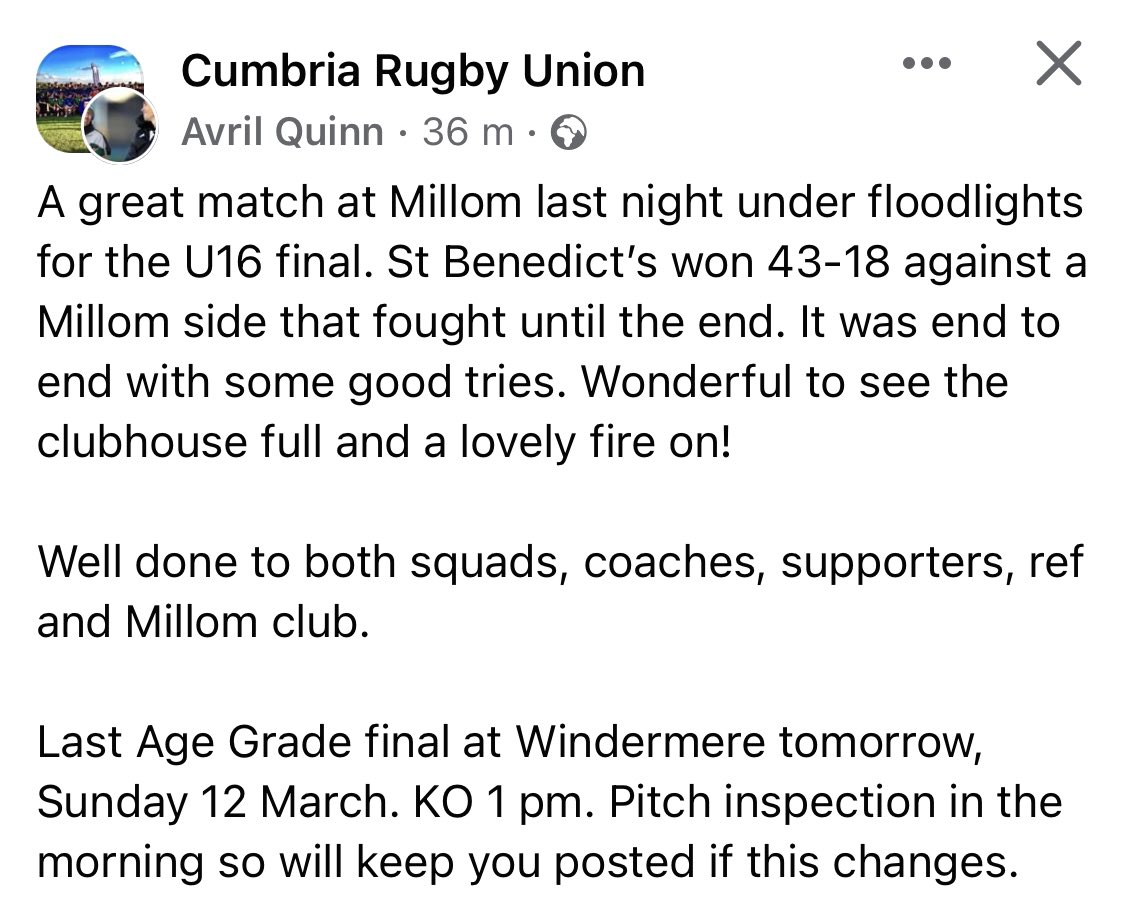 Congratulations to <a href="/StB_RUFC/">St. Benedicts RUFC</a> on their win in the #CumbriaRugby U16 Cup Final 2023.

A great game with <a href="/MillomRUFC/">Millom Rugby Union</a> eventually coming through 43-18

Well done to all involved and thank you to volunteers, coaches, match officials and all those involved. 

Thank you to the hosts too.