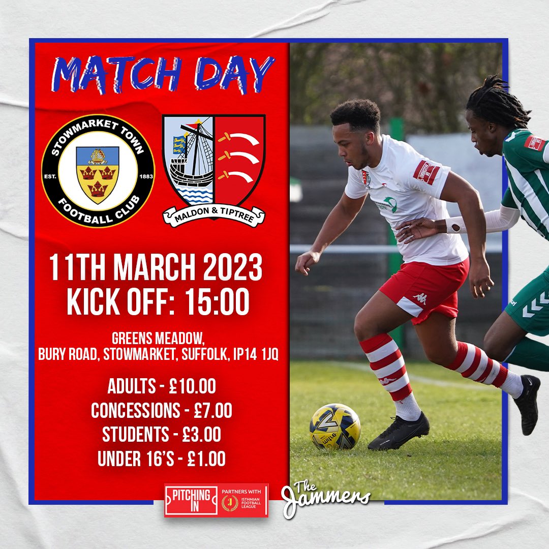 MaldonTiptreeFC's tweet photo. 💪 𝗠𝗔𝗧𝗖𝗛𝘿𝘼𝙔

🆚 @stowtownfc 
⏰ 15:00
🏟️ Greens Meadow
🏆 @IsthmianLeague 

#STOMAL || #Jammers🍓 https://t.co/5papeHJqHs