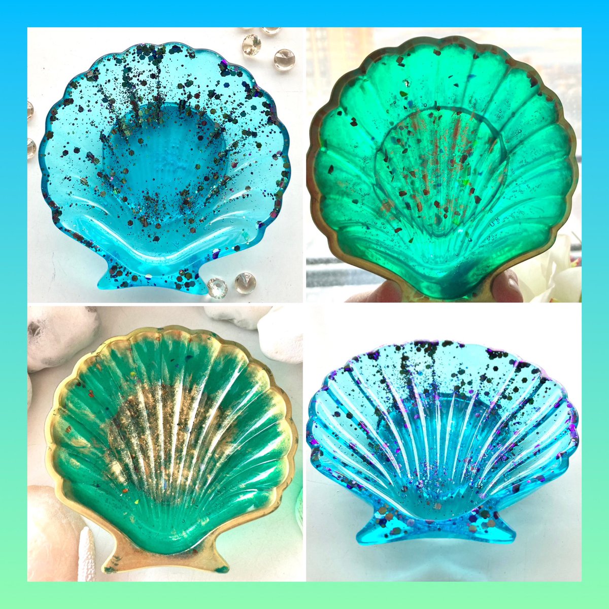 Exited to share a choice of 2 designs in these pretty shell dishes, that can be used for jewellery, soaps, trinkets and more. Pretty transparent blue or green with gold edging: etsy.me/3e14vIm #UKGiftHour #ukgiftam #shopindie #onthisdaygifts #onlinecrafts #mhhsbd