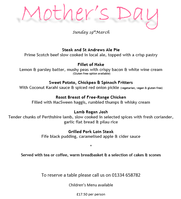A very tasty Mother's Day Menu in the clubhouse to treat your special lady!

Call 01334 658782 to book your table

#MothersDay #Mum #Mummy #FavouriteChild