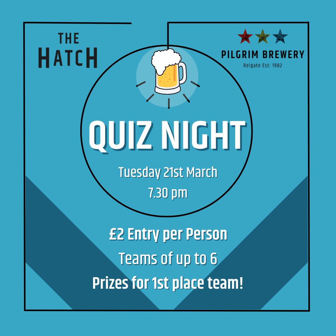 We are hosting our very first Quiz Night at The Hatch.

If you would like to take part please speak to a member of staff in the pub 🍻