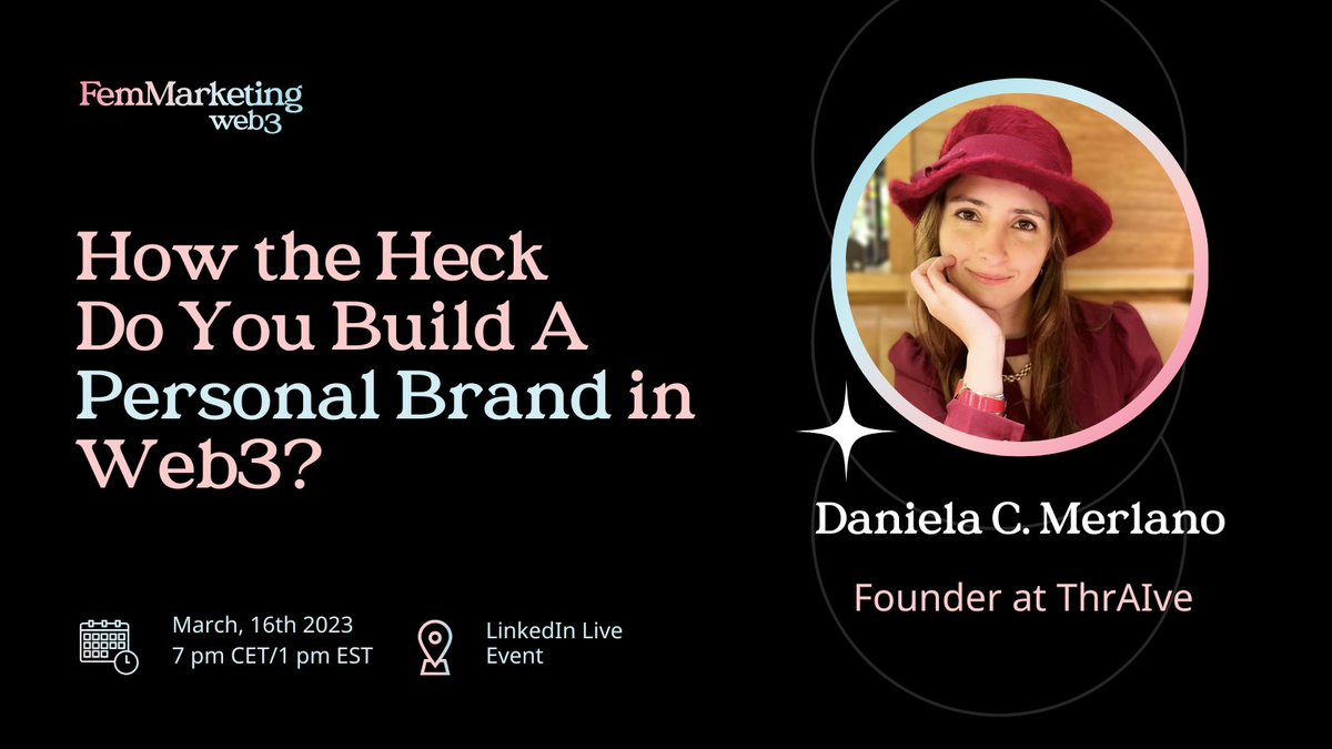 Have you met <a href="/DanielaCMerlano/">Daniela C Merlano</a>, our panel speaker? 👀

She's the founder of Creative AI tool ThrAIve, for emotional training and self-awareness.🌸

🎤 She'll be talking about personal branding in #Web3 in our panel!

🗓️ Don't forget to save the date to attend!