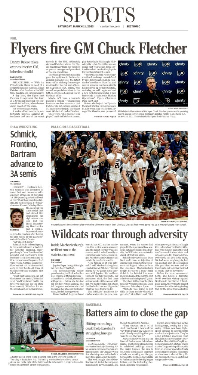 Clink_Sports's tweet photo. Today's Sentinel Sports section looks at a change in Flyers management, a season of strength for @GoMechanicsburg girls basketball and outstanding performances at the PIAA wrestling championships.

Follow all of the high school sports coverage at https://t.co/FHos7kCqvM. https://t.co/EVYvcgxyK8