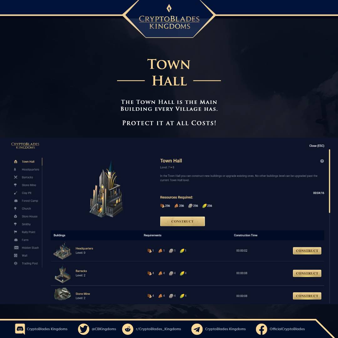 🏰Town hall is the main building that every village has! 

🗺️ The level cap for all your buildings is based on the level of your town hall, so keep levelling it up to create powerful structures! 

▶️ Visit our website here:
👉 cryptobladeskingdoms.io