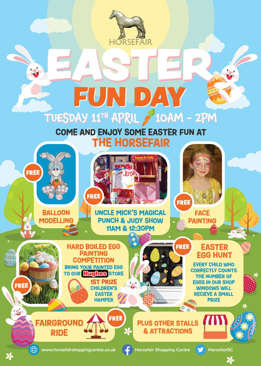 🐰 Date for your diary! One month today - the Easter Fun Day at the <a href="/HorsefairSC/">HorsefairWisbech</a>, Wisbech.

📅 Tuesday 11 April, 10am to 2pm.

🐣 A cracking line-up of FREE entertainment, including an Easter egg hunt, fairground ride, Punch &amp; Judy show, balloon modelling, stalls and much more.