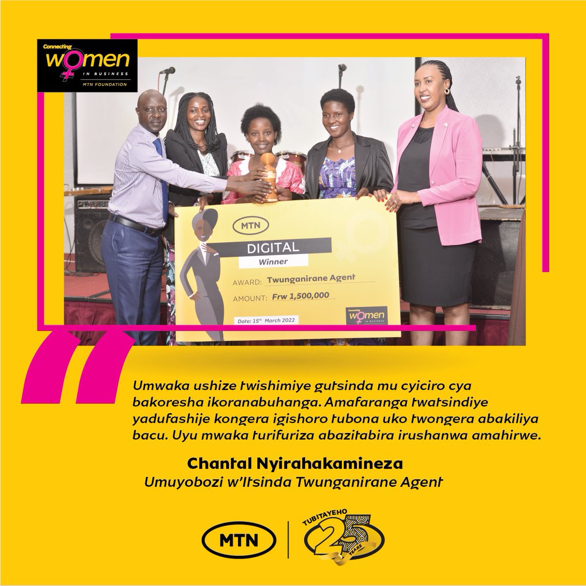 MTNRwanda's tweet photo. Itsinda rya Twunganirane agent ryatsinze muri Connect Women in Business umwaka ushize ryatubwiye icyo igihembo bahawe cya bafashije kugera ho, bifuriza abanfi amahirwe masa. Muri uku kwezi kw'abagore reka dukomeze duharanire gutera imbere.
#CWiB
#TurageraKukiUyuMunsi
#MTNAt25 https://t.co/24iQdiHRDg