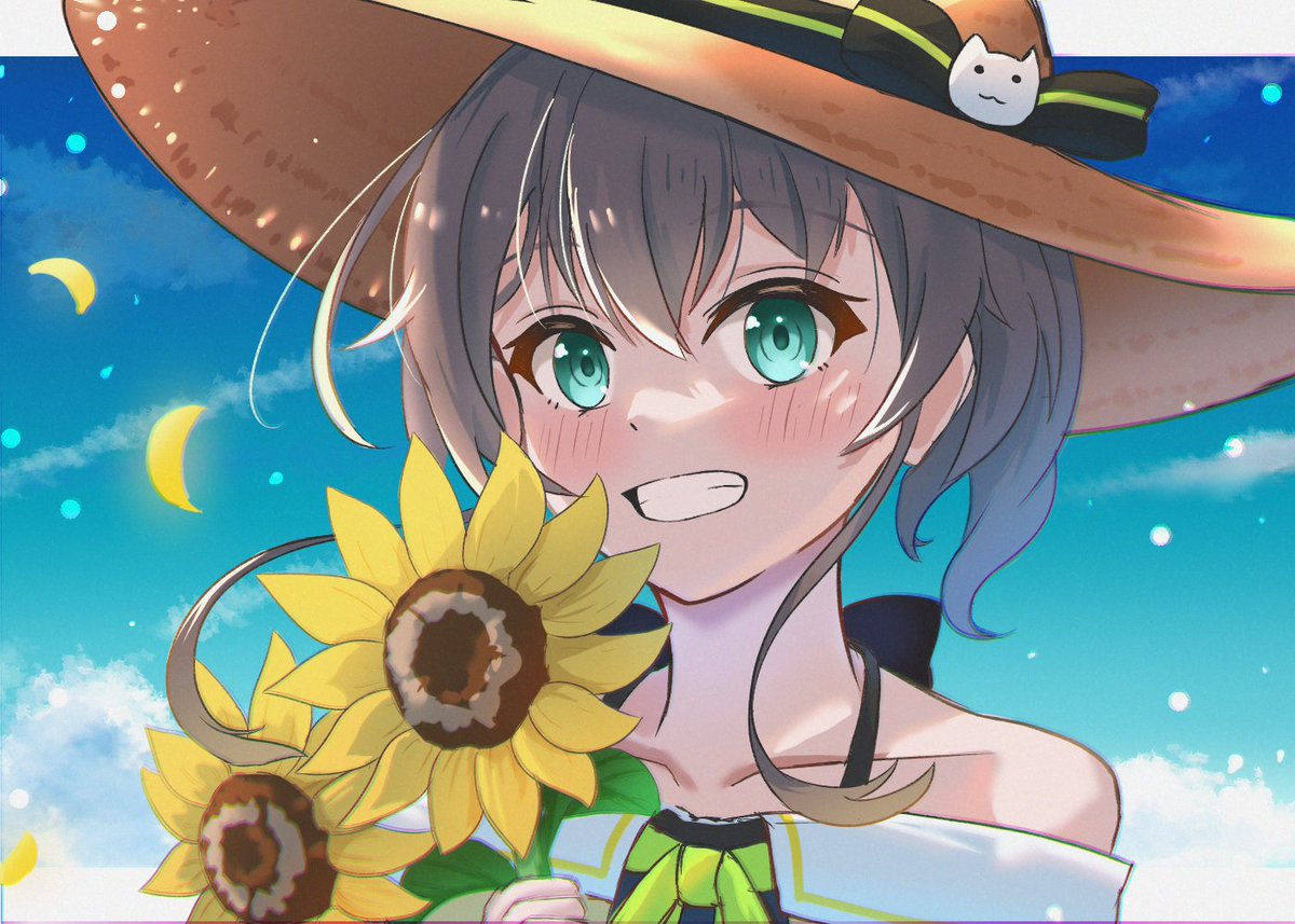 natsuiro matsuri 1girl hat solo flower smile brown hair sunflower  illustration images