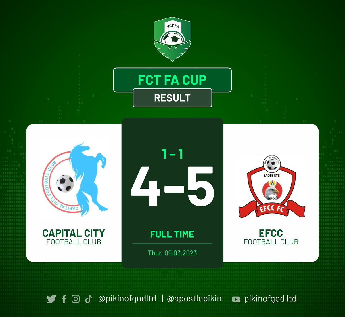 ApostlePikin's tweet photo. FCT FA CUP 2023
Quarter Finals Results
#FCTFACup
#AbujaStreet
#AbujaTwitterCommunity https://t.co/oNFnvEYJJP