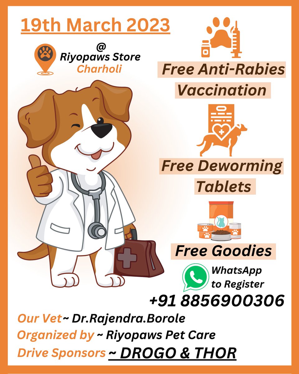 PunePet's tweet photo. Our💉 Free Anti-rabies vaccination drive has got even more better with major additions.
.
Now get 💊Free Deworming Tablets and loads and loads of 
Free Goodies &amp; Treats for all the puppers  on the 19th of March 2023(10am onwards)🏥💉💊🛒🛍️��
Register :- https://t.co/WuWPgdj0zA https://t.co/LxrdvAIQZ2