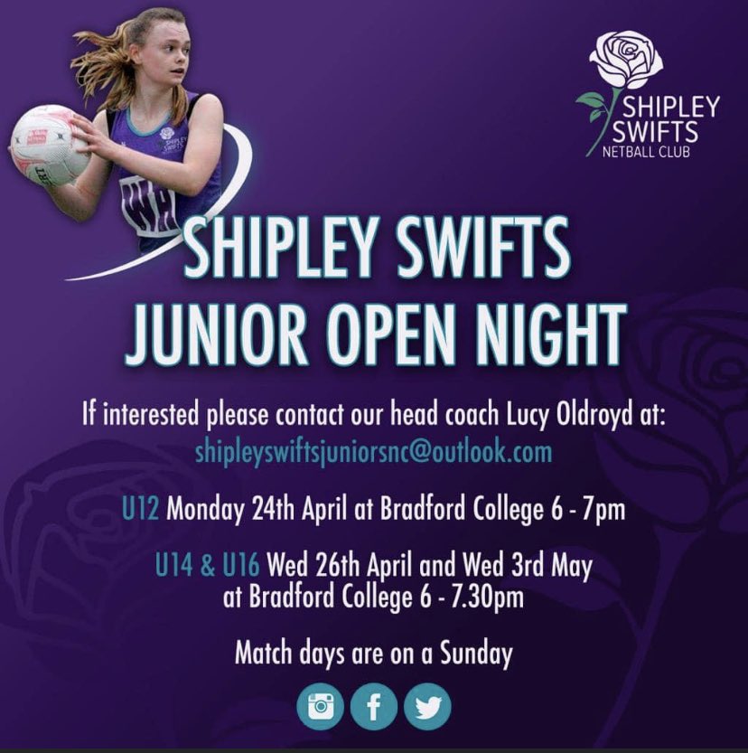 💜JUNIOR OPEN NIGHTS💜

It’s that time of year again, where we look ahead to next season. Do you have a daughter interested in playing netball at club level? Want to join a fun, inclusive and competitive club? @BeckfootPE @ilkleygrammarPE @BingleyPE @bgsnetball