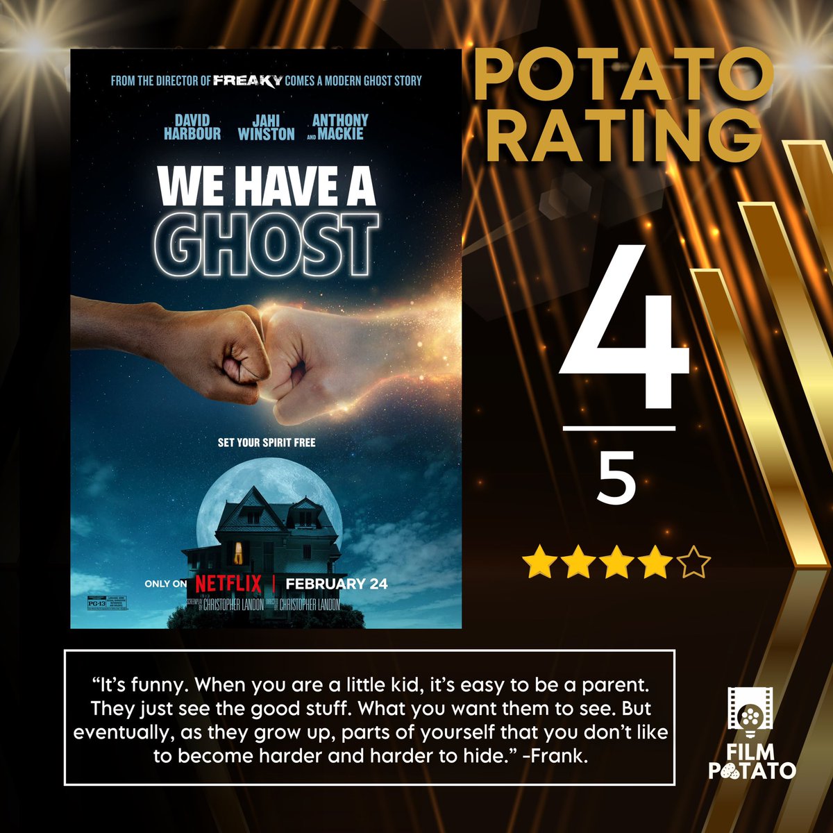 🥔 WE HAVE A GHOST
DIRECTOR: CHRISTOPHER LANDON
STARS: Jahi Di’Allo, David Harbour, Anthony Mackie, Isabella Russo, Jennifer Coolidge, Tig Notaro
| POTATO RATING: 4/5 ⭐️⭐️⭐️⭐️⭐️

#WEHAVEAGHOST #FILMREVIEW #FILMPOTATO #davidharbour #jahiwinston #anthonymackie