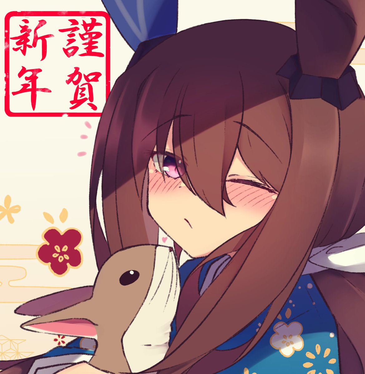 admire vega (umamusume) 1girl animal ears horse ears one eye closed japanese clothes brown hair kimono  illustration images