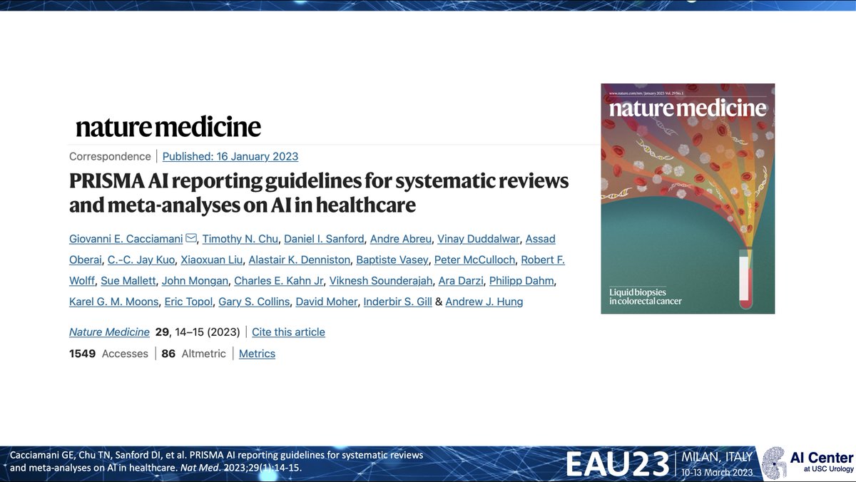💡Presenting at #EAU23 @Uroweb the rationale and the need of @AI_PRISMA for improving the reporting on #systematicReviews on #AI in healthcare. @dmoher @GSCollins @EBMUrology @NatureMedicine
