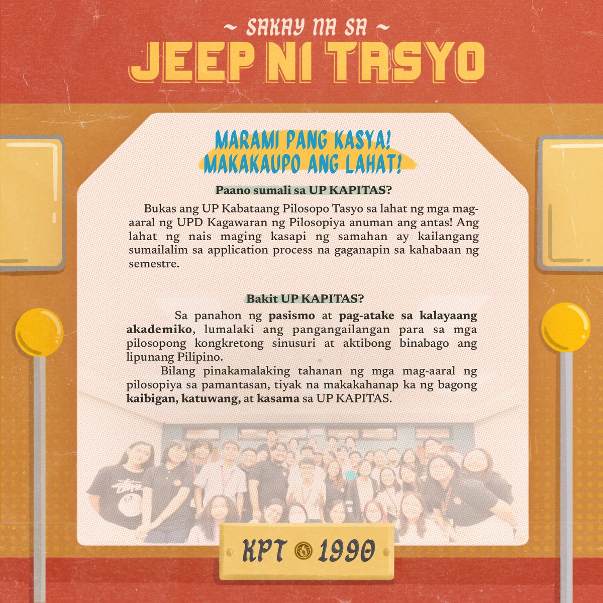 upkapitas's tweet photo. Kilalanin natin ang UP Kabataang Pilosopo Tasyo bago ang 𝗦𝗮𝗸𝗮𝘆 𝗻𝗮, 𝗧𝗮𝘀𝘆𝗼! 𝗨𝗣 𝗞𝗮𝗯𝗮𝘁𝗮𝗮𝗻𝗴 𝗣𝗶𝗹𝗼𝘀𝗼𝗽𝗼 𝗧𝗮𝘀𝘆𝗼 𝗚𝗿𝗮𝗻𝗱 𝗔𝗽𝗽𝗹𝗶𝗰𝗮𝗻𝘁𝘀’ 𝗢𝗿𝗶𝗲𝗻𝘁𝗮𝘁𝗶𝗼𝗻!

#NoToJeepneyPhaseout
#SakayNaTasyo ❤️💙💛 https://t.co/YbGQodKH6Y