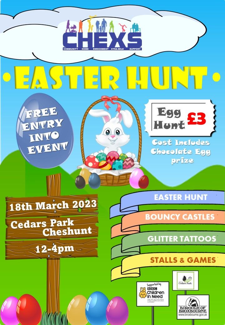 📣One week to go!!!
We are so excited to be just ONE WEEK AWAY from our fantastic Easter Hunt event.
Who's joining us??

#community #localevent #fundraiser #charity #supportyourlocalcharity #CHEXS #event '#Easterhunt #activity #childrensactivity
