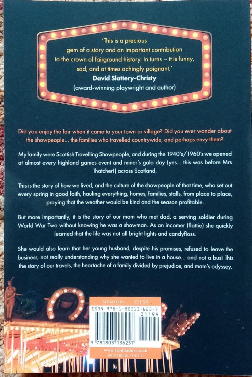 ✍️📖"Flattie: Memories of a Reluctant Traveller" is a new book by Scottish Showperson Jean Stirling, published by Troubadour Publications 🎠🎡 
Any profits made from the sale of Jean's Memoir will be donated to Cancer Research UK. Get your copy here: troubador.co.uk/bookshop/autob…
