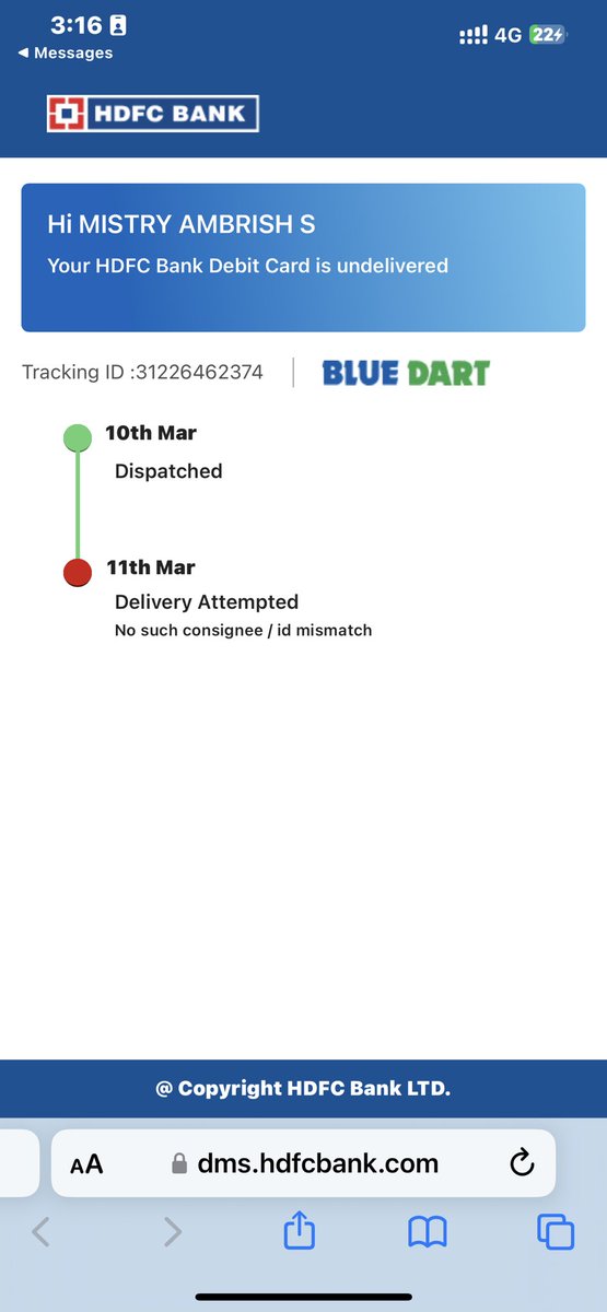 Hey @BlueDart_, your courier boy needs to do better. I'm tired of him claiming 'address or ID mismatch' when he never even attempts to deliver my parcels. I'm home with my valid ID proof. Please fix this issue ASAP and send my parcel. #frustratedcustomer #deliveryproblems