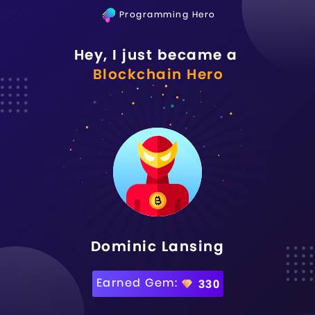 Niclans's tweet image. Just got awarded with Blockchain Hero badge while learning Solidity using the Programming Hero app. Great fun indeed.
#ProgrammingHero #Programming #Coding #Solidity
