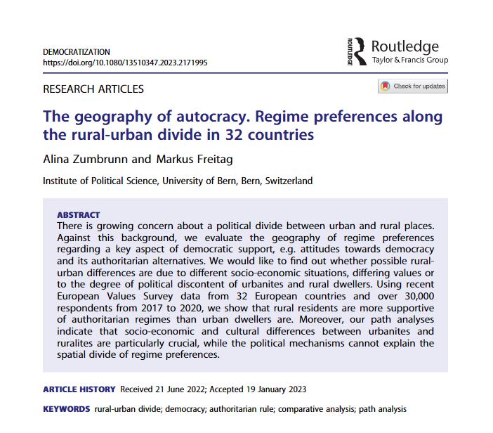 Using @evs_values data from 32 European countries @AlinaZumbrunn & Markus Freitag show that rural residents are more supportive of #authoritarian regimes than urban dwellers are. tandfonline.com/doi/full/10.10…