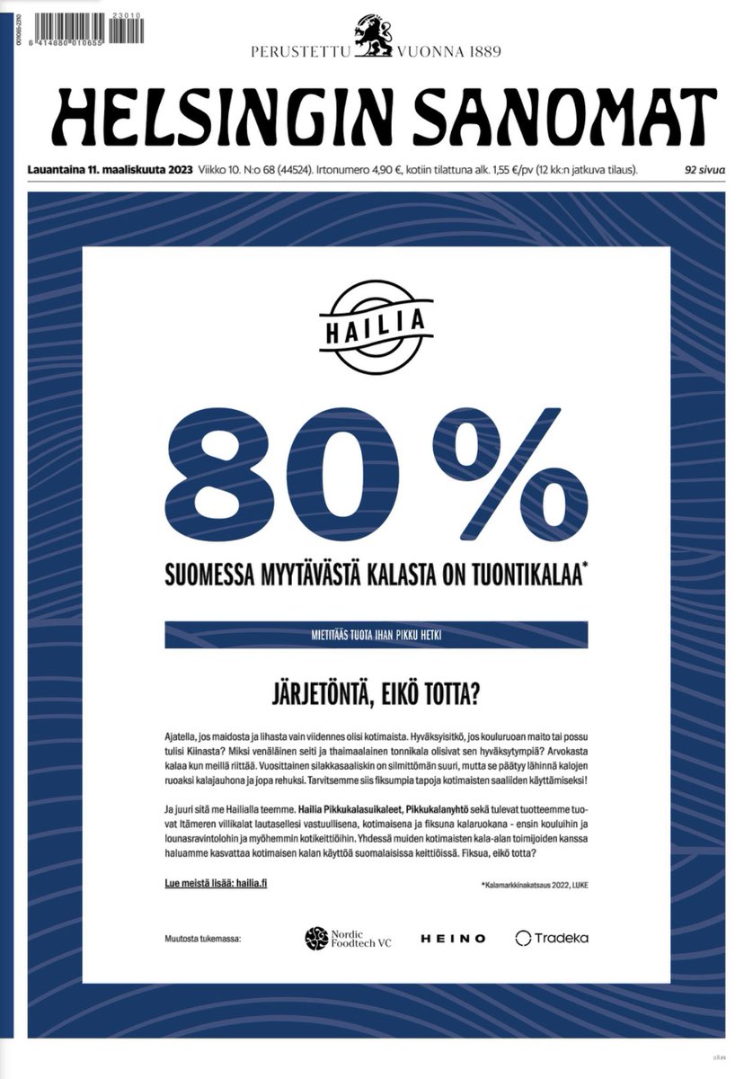 Täällä ollaan ylpeitä kotimaisesta ruoasta ja tuhansista järvistä. Silti vain 20% Suomessa syötävästä kalasta on peräisin omista vesistä. Pikkukalat meillä menee rehuksi. Olis tekemistä. Hailian pikkullatuotteet matkaavat kouluihin nyt - ja kauppoihin kohta! #kala #pikkukala