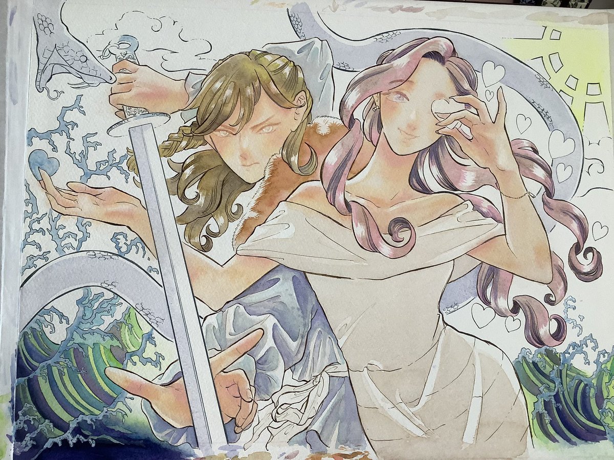 ①下書き。水彩用紙は消しゴムかけてはいけないらしいので(何枚も描いてるのに知らなかった…)下書きを別に描いてそれを本番用の紙にトレースした。水彩紙は分厚いのでトレース大変でした🐱
②線画。顔の中身は筆で描くのでペン入れしない。
③着彩途中
④完成‼️ 