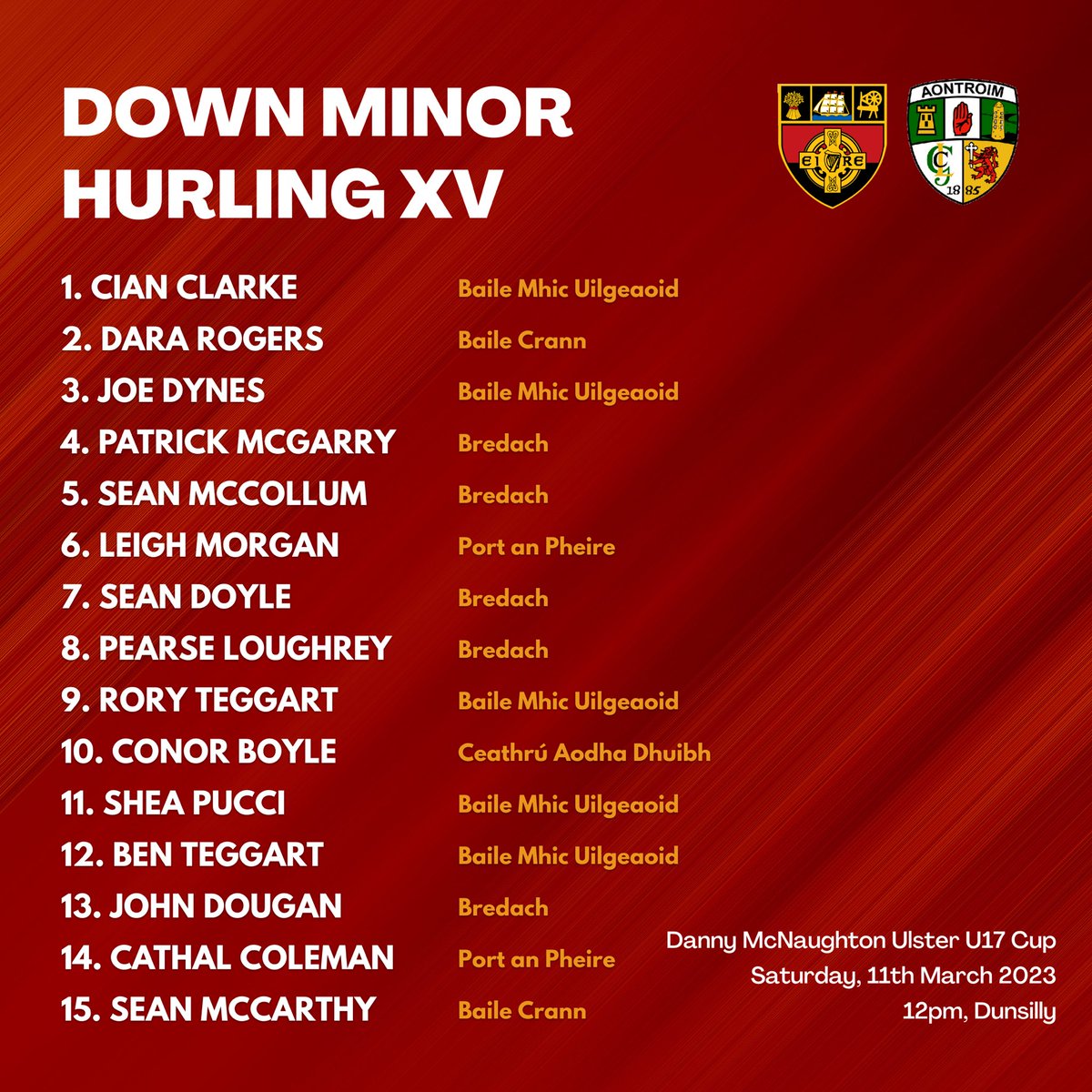 👉🏻 The Down Minor Hurling team to face Antrim today in the U17 Cup Final

🔴⚫️ Good luck to management &amp; team