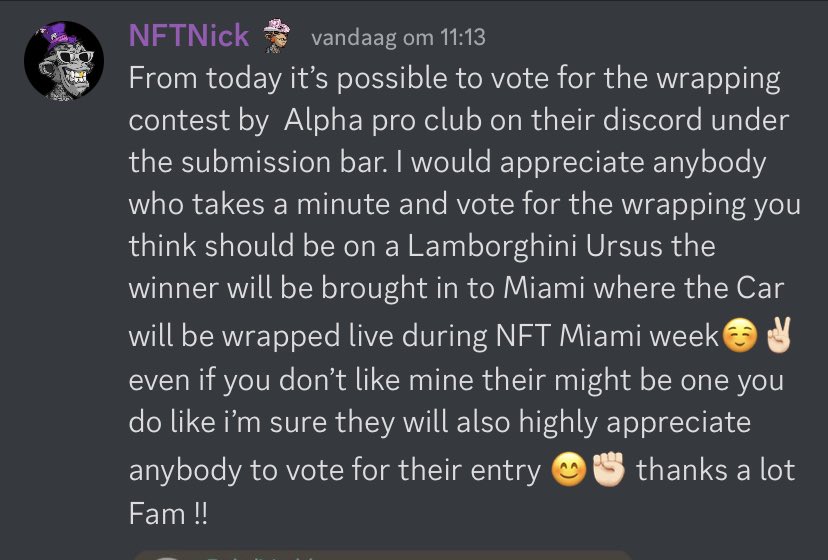 NFTNick010's tweet photo. Gm wonderful web3 β€οΈπππ
If you got a spare minute pls go to the @AlphaProClub discord and vote for your favorite wrap im sure any participant in this contest will highly appreciate any votes on their designs βΊοΈ #AAS #AngryApesSociety #AngryApesNFT #NFTCommunity #NFTMiamiWeek https://t.co/N4GLIZ9xcE