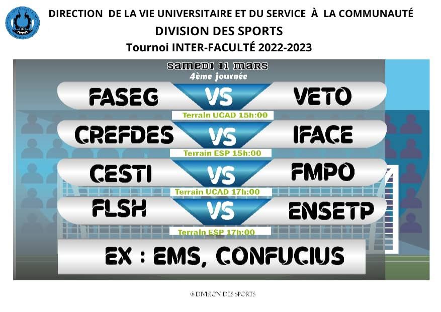 UCAD_Senegal's tweet photo. #UCAD_SPORT⚽️⚽️
Résultats 3e Journée Championnat Inter Facultés
@EbadUcad / #IUPA 2 - 0
#ESEA / #IGT 2 - 1
4e journée, cet après-midi 
avec l'entrée en lice de la #FLSH face à @UcadEnsetp 
#FASEG / #EISMV
@CESTIDAKAR / #FMPO @IfaceInstitut / #CREFDES
#ucad #compublique #sport https://t.co/DjVolHasb4