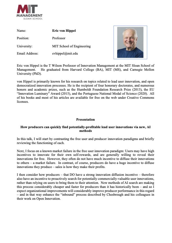We are hosting Prof. Eric von Hippel, from MIT School of Engineering in our (online) Berkeley Open Innovation Seminar on Monday 13th March at 7 pm CET. He will talk about “How producers can quickly find potentially-profitable lead user innovations via new, AI methods”.