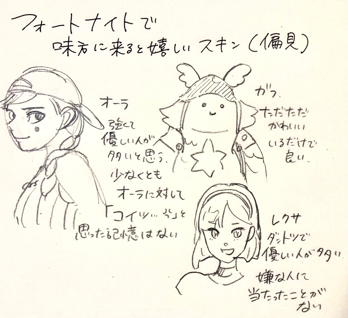 アプデしたから遊ぼうとダウンロード中なのでらくがきを…
使ってるスキンによって性格がわりと分かれる気がする…  個人的に「このスキン使ってる人は自分勝手な人が多い」「最悪な人が多い」もある笑 
描かないけど… 