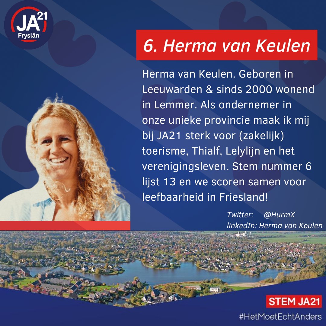 Herma van Keulen staat als nummer 6 op onze lijst. Met een hart voor toerisme wil zij zich de komende 4 jaar inzetten voor de Friese zaak. #HetMoetEchtAnders