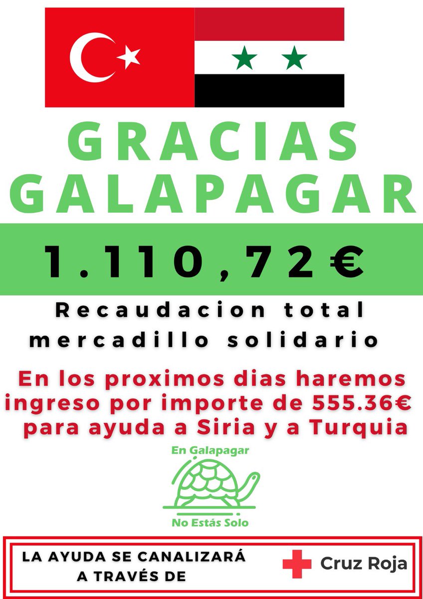¡ GRACIAS GALAPAGAGAR !

La recaudación del mercadillo solidario de la semana pasada ascendió a 1.110,72€ de los cuales en los próximos días ingresaremos el 50%, es decir 555,36€ en la cuenta que <a href="/CruzRojaEsp/">Cruz Roja Española</a> tiene habilitada para ayuda a #Siria y a #Turquía
#Galapagar #Gracias