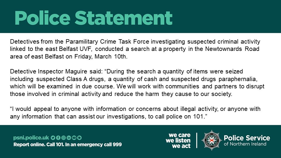 Detectives from the Paramilitary Crime Task Force, investigating suspected criminal activity linked to the east Belfast UVF, conducted a search at a house in the Newtownards Road area of east Belfast on Friday, March 10th
#EndingTheHarm
#OpDealbreaker