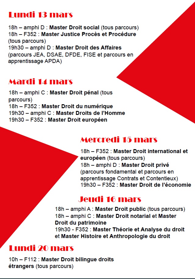 ⚖️ Semaine des Masters en droit

Du lundi 13 au lundi 20 mars, venez découvrir l’offre de Masters en droit de l’UFR Droit et Science Politique <a href="/DSPNanterre/">UFR Droit Science politique Université Nanterre</a> dans le bâtiment Simone Veil et en ligne !

Programme et horaires ici 👇
ufr-dsp.parisnanterre.fr/actualites/sem…