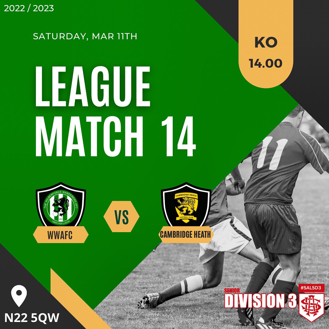 🆚 <a href="/Cambheathfc/">Cambridge Heath FC</a> 
🏆 SAL Division 3
🏟 New River, N22 5QW
⏰ 2pm KO