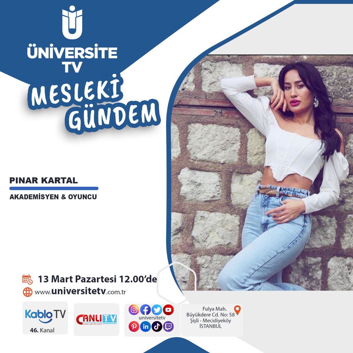 13 Mart Pazartesi 12:00’de @üniversitetv program konuğuyum, sohbetimize az kaldı 😊🖐🏻